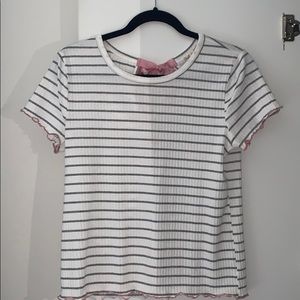 White and grey stripped top. Pink back tie